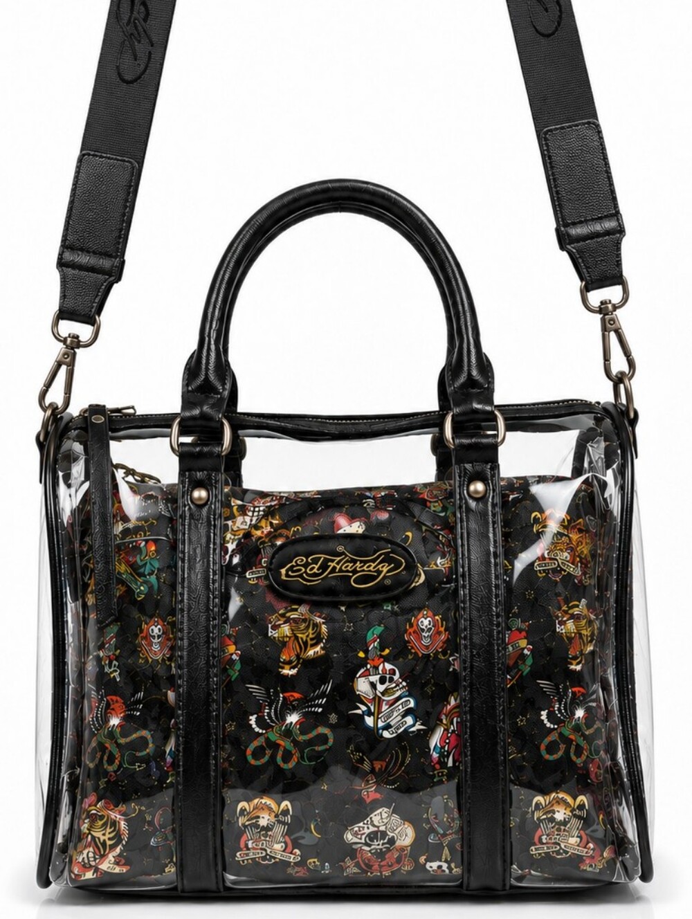 2pc Ed Hardy Love Kills Clear PVC Satchel Crossbody Graphic Stadium Bag w Pouch